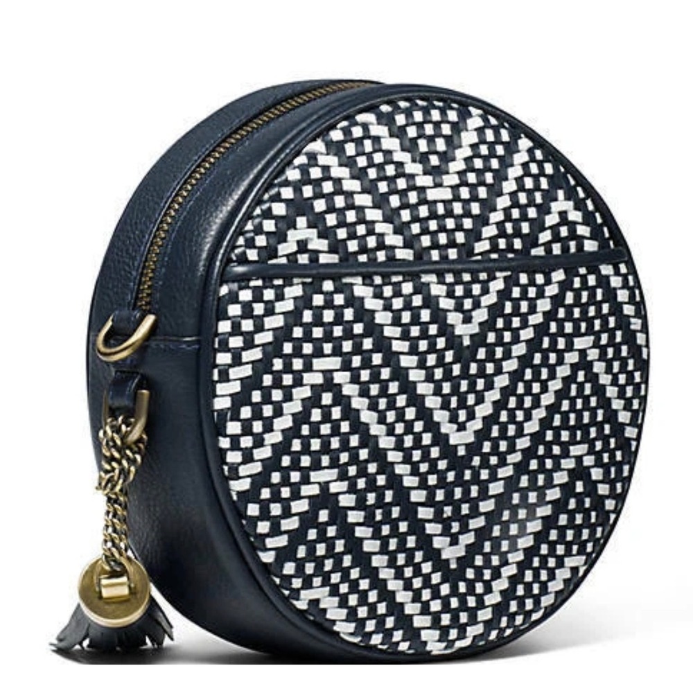 Michael Kors Delancey Canteen Crossbody Bag Navy White Woven Chevron Leather - Picture 2 of 4